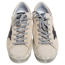 Pre Owned Golden Goose Cream Suede Glitter Star Low Top Sneakers Size 38