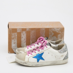 Pre Owned Golden Goose White/Grey Leather And Suede Super Star Low Top Sneakers Size 39