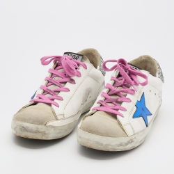 Pre Owned Golden Goose White/Grey Leather And Suede Super Star Low Top Sneakers Size 39