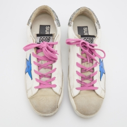 Pre Owned Golden Goose White/Grey Leather And Suede Super Star Low Top Sneakers Size 39