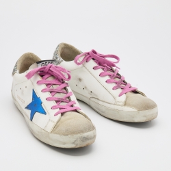 Pre Owned Golden Goose White/Grey Leather And Suede Super Star Low Top Sneakers Size 39