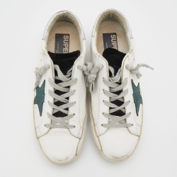 Pre Owned Golden Goose White/Green Leather and Suede Super Star Sneakers Size 39