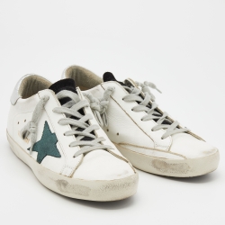 Pre Owned Golden Goose White/Green Leather and Suede Super Star Sneakers Size 39