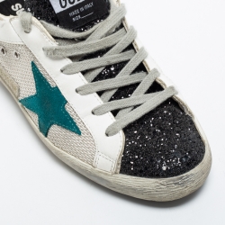 Pre Owned Golden Goose Tricolor Leather, Coarse Glitter and Mesh Super Star Sneakers Size 37
