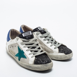 Pre Owned Golden Goose Tricolor Leather, Coarse Glitter and Mesh Super Star Sneakers Size 37