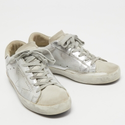 Pre Owned Golden Goose Silver/White Leather and Suede Superstar Sneakers Size 36
