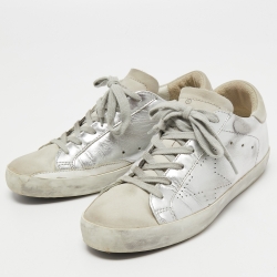 Pre Owned Golden Goose Silver/White Leather and Suede Superstar Sneakers Size 36