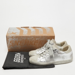 Pre Owned Golden Goose Silver/White Leather and Suede Superstar Sneakers Size 36