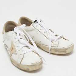 Pre Owned Golden Goose White/Gold Leather Superstar Sneakers Size 38