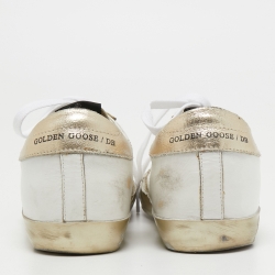 Pre Owned Golden Goose White/Gold Leather Superstar Sneakers Size 38