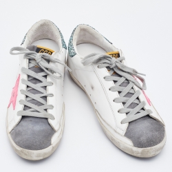 Golden Goose White/Grey Leather and Suede Super Star Low Top Sneakers Size 37