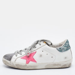 Golden Goose White/Grey Leather and Suede Super Star Low Top Sneakers Size 37