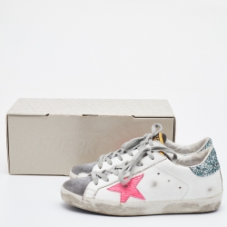 Golden Goose White/Grey Leather and Suede Super Star Low Top Sneakers Size 37