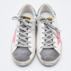 Golden Goose White/Grey Leather and Suede Super Star Low Top Sneakers Size 37