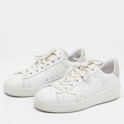 Pre Owned Golden Goose White/Silver Leather and Glitter Purestar Sneakers Size 36