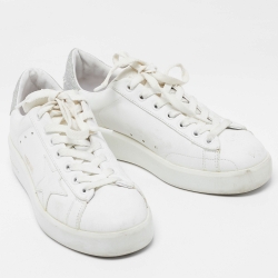 Pre Owned Golden Goose White/Silver Leather and Glitter Purestar Sneakers Size 36