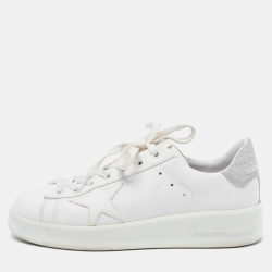 Golden Goose White/Silver Leather and Glitter Purestar Sneakers