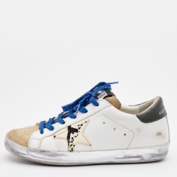Golden Goose White/Brown Leather and Suede Super Star Low Top Sneakers Size 37