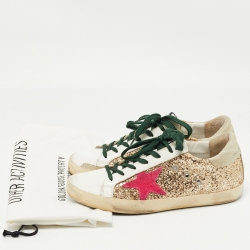 Pre Owned Golden Goose White/Gold Coarse Glitter and Leather Hi Star Sneakers Size 39