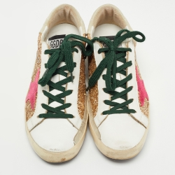 Pre Owned Golden Goose White/Gold Coarse Glitter and Leather Hi Star Sneakers Size 39