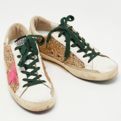 Pre Owned Golden Goose White/Gold Coarse Glitter and Leather Hi Star Sneakers Size 39