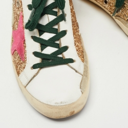 Pre Owned Golden Goose White/Gold Coarse Glitter and Leather Hi Star Sneakers Size 39
