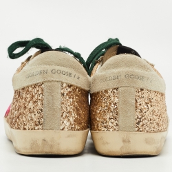 Pre Owned Golden Goose White/Gold Coarse Glitter and Leather Hi Star Sneakers Size 39