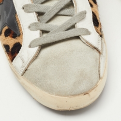Pre Owned Golden Goose Tricolor Leopard Print Calf Hair and Leather Superstar Sneakers Size 38