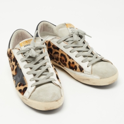 Pre Owned Golden Goose Tricolor Leopard Print Calf Hair and Leather Superstar Sneakers Size 38