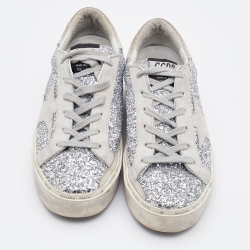 Pre Owned Golden Goose Silver/Grey Glitter and Suede Hi Star Low-Top Sneakers Size 37
