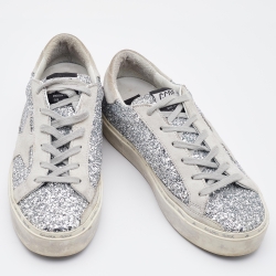 Pre Owned Golden Goose Silver/Grey Glitter and Suede Hi Star Low-Top Sneakers Size 37