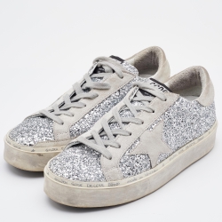 Pre Owned Golden Goose Silver/Grey Glitter and Suede Hi Star Low-Top Sneakers Size 37