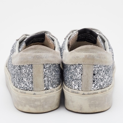 Pre Owned Golden Goose Silver/Grey Glitter and Suede Hi Star Low-Top Sneakers Size 37