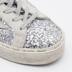 Pre Owned Golden Goose Silver/Grey Glitter and Suede Hi Star Low-Top Sneakers Size 37