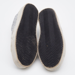 Pre Owned Golden Goose Silver/Grey Glitter and Suede Hi Star Low-Top Sneakers Size 37