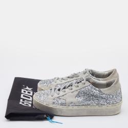 Pre Owned Golden Goose Silver/Grey Glitter and Suede Hi Star Low-Top Sneakers Size 37