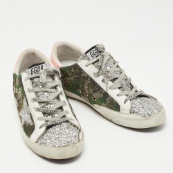 Pre Owned Golden Goose Multicolor Glitter and Leather Superstar Lace Up Sneakers Size 40