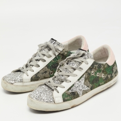 Pre Owned Golden Goose Multicolor Glitter and Leather Superstar Lace Up Sneakers Size 40