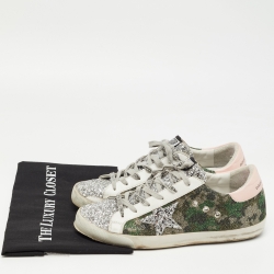 Pre Owned Golden Goose Multicolor Glitter and Leather Superstar Lace Up Sneakers Size 40