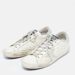 Pre Owned Golden Goose White/Silver Glitter and Leather Superstar Sneakers Size 39