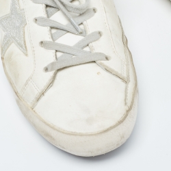 Pre Owned Golden Goose White/Silver Glitter and Leather Superstar Sneakers Size 39