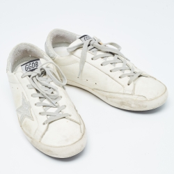 Pre Owned Golden Goose White/Silver Glitter and Leather Superstar Sneakers Size 39