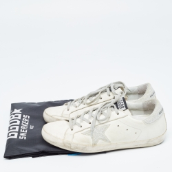 Pre Owned Golden Goose White/Silver Glitter and Leather Superstar Sneakers Size 39