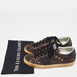 Pre Owned Golden Goose Black/Brown Glitter and Leather Superstar Low Top Sneakers Size 38