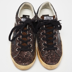 Pre Owned Golden Goose Black/Brown Glitter and Leather Superstar Low Top Sneakers Size 38