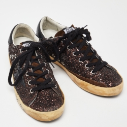 Pre Owned Golden Goose Black/Brown Glitter and Leather Superstar Low Top Sneakers Size 38