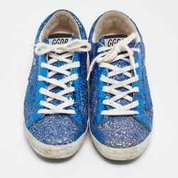Pre Owned Golden Goose Blue Coarse Glitter Superstar Sneakers Size 38