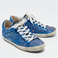 Pre Owned Golden Goose Blue Coarse Glitter Superstar Sneakers Size 38