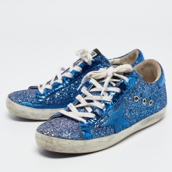 Pre Owned Golden Goose Blue Coarse Glitter Superstar Sneakers Size 38