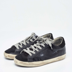 Pre Owned Golden Goose Black Suede and Python Embossed Leather Hi Star Low Top Sneakers Size 36